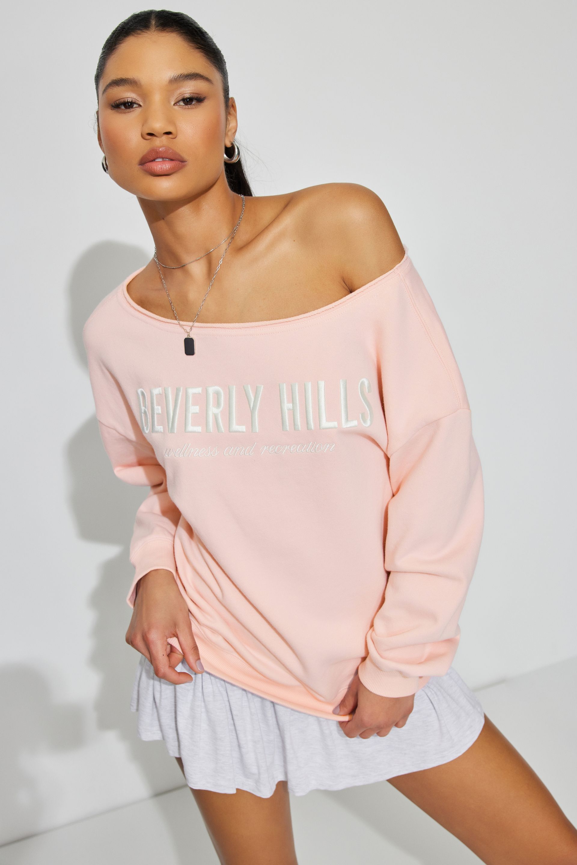 Soft Terry Off Shoulder Sweatshirt Pink | Garage