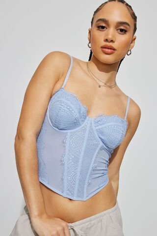 Baby Blue Mesh Ruched Hook & Eye Corset