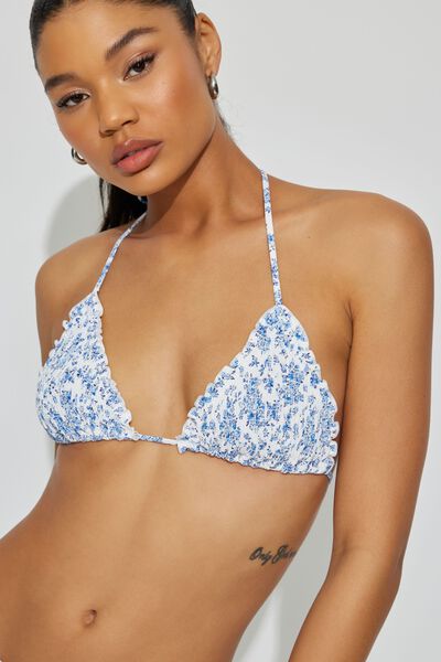 Sandy Messages White Ribbed Triangle Halter Bikini Top