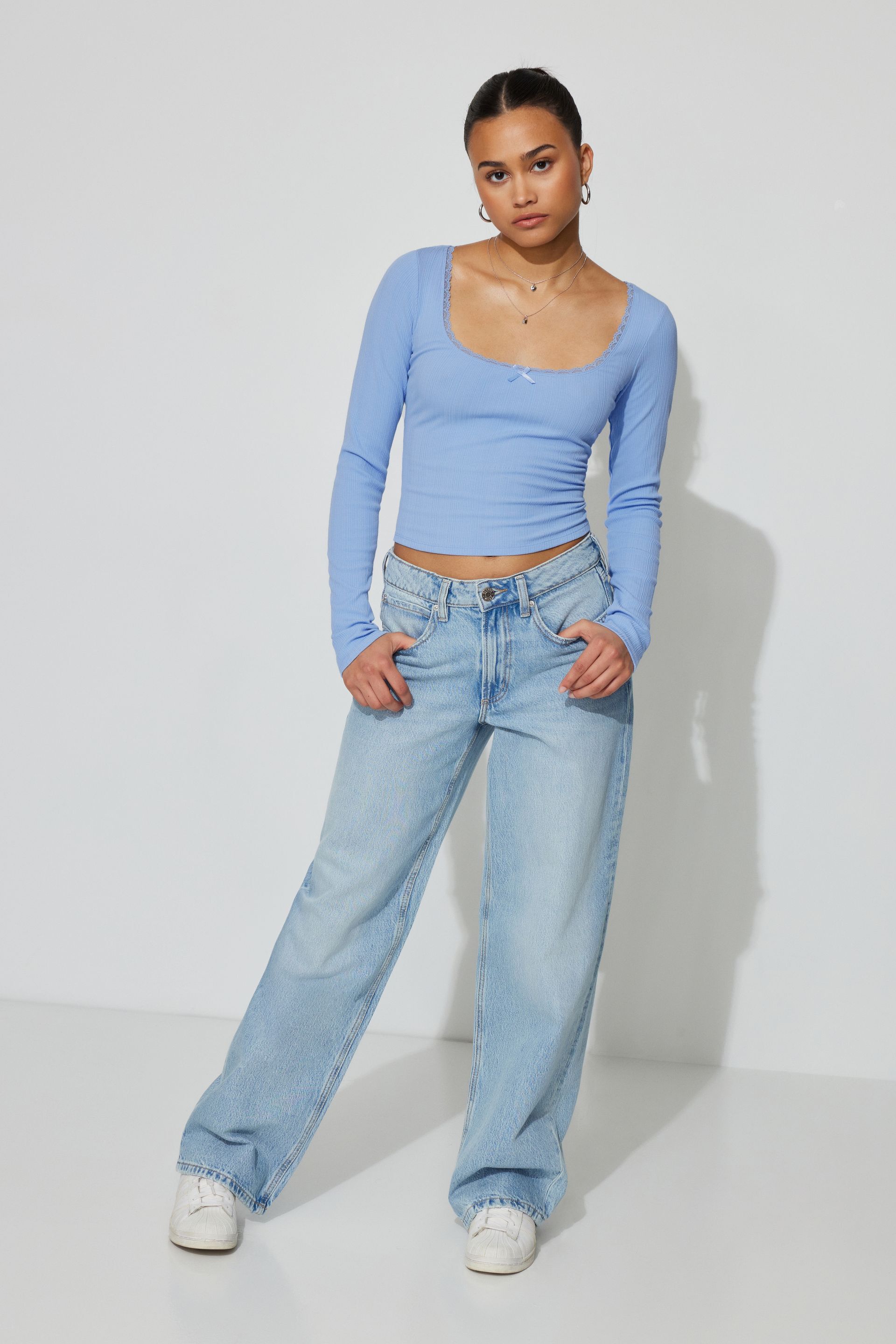 Lace Trim Long Sleeve Top Blue | Garage