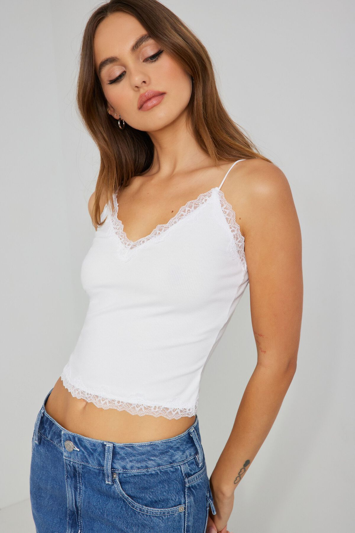 Developing Feelings Lace Trim Cami Crop Top (White)