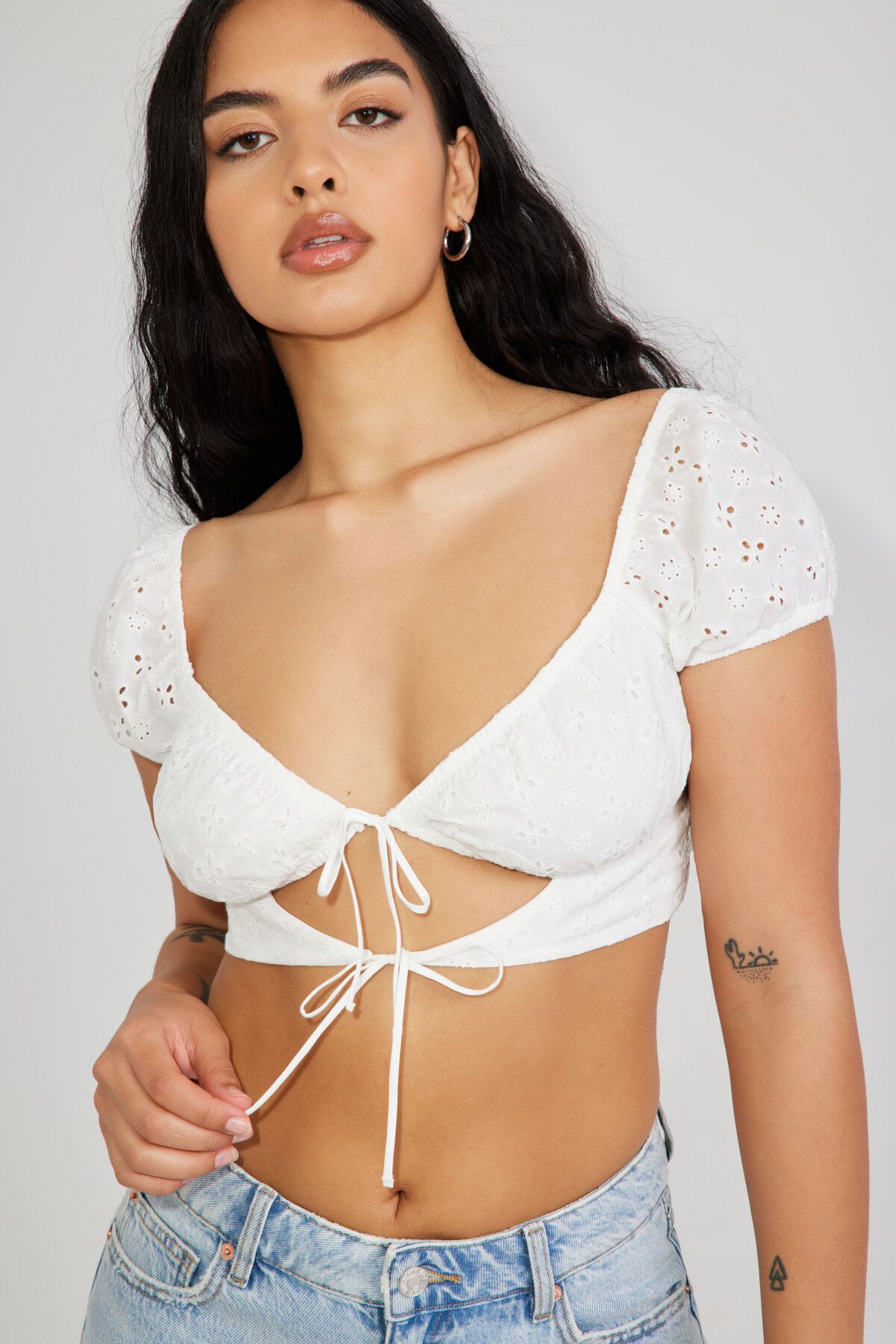 Time for Sunshine White Eyelet Lace Ruffled Crop Top