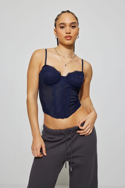 Agyness Embellished Lace Corset Crop Top in Black