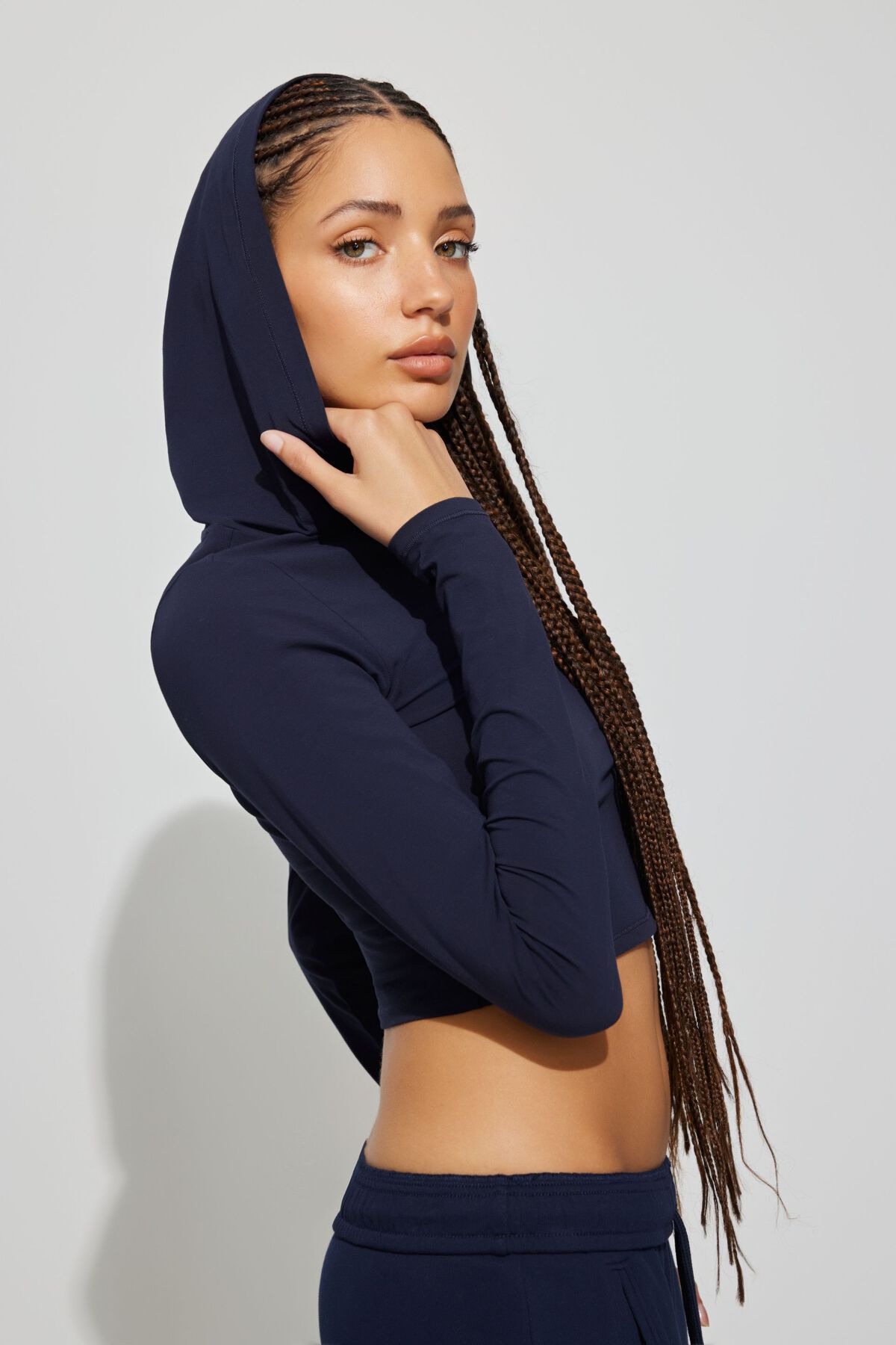 Blue dark Cropped hoodie with zip fastening and football print