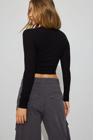 Y2K Womens Stretchy Long Sleeve Crop Top Black/Gray, Rib Knitted