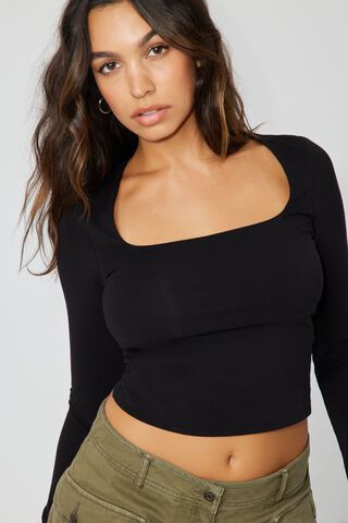 Women Sexy Low Cut Long Sleeve Fitted Tops Square Neck Ribbed T
