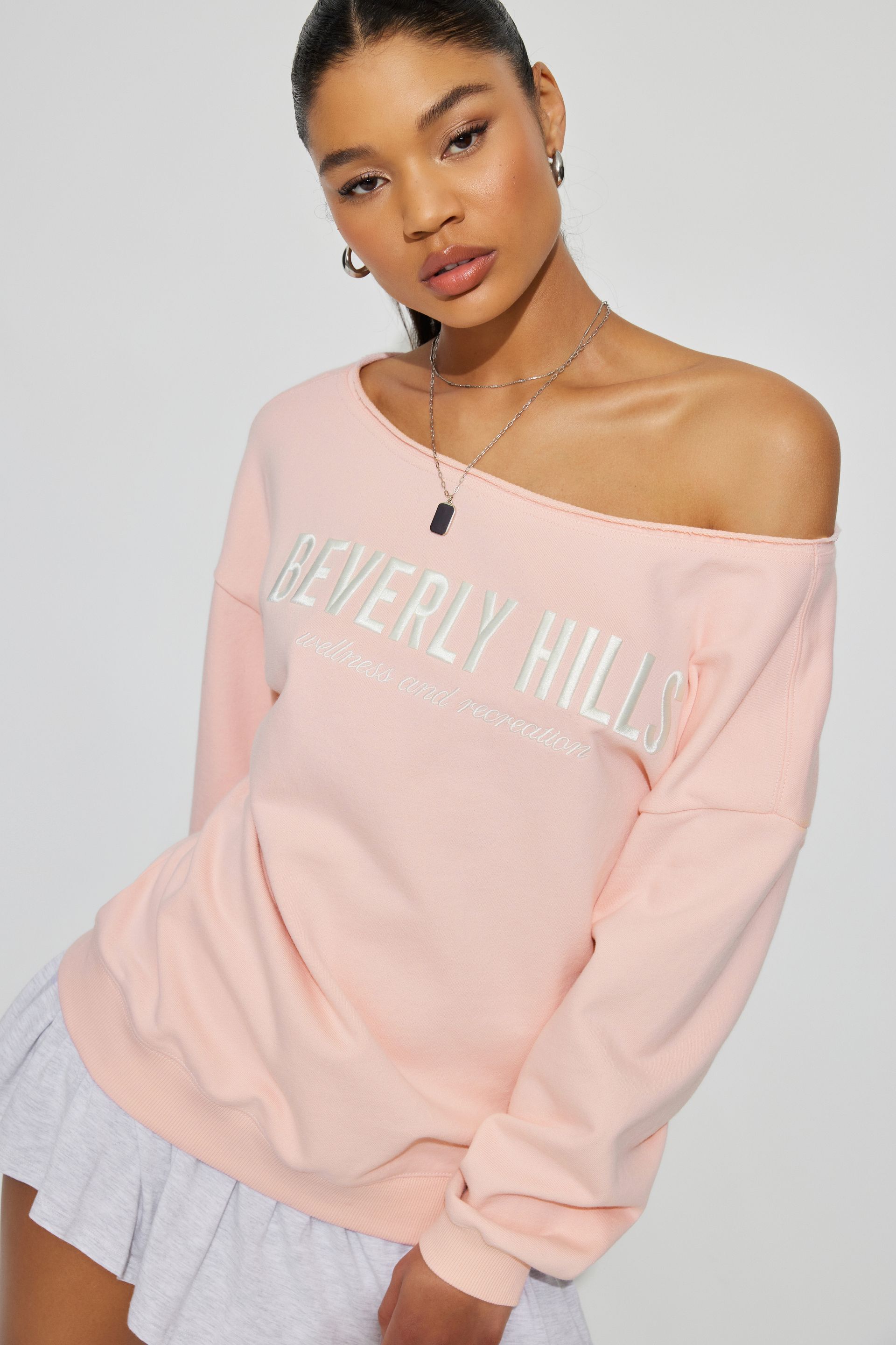 Soft Terry Off Shoulder Sweatshirt Pink | Garage