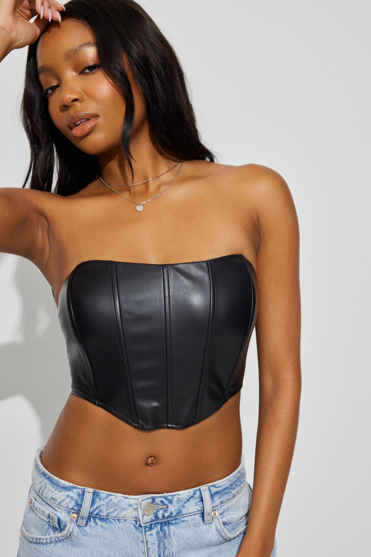 Faux-Leather Bustier Top in Black