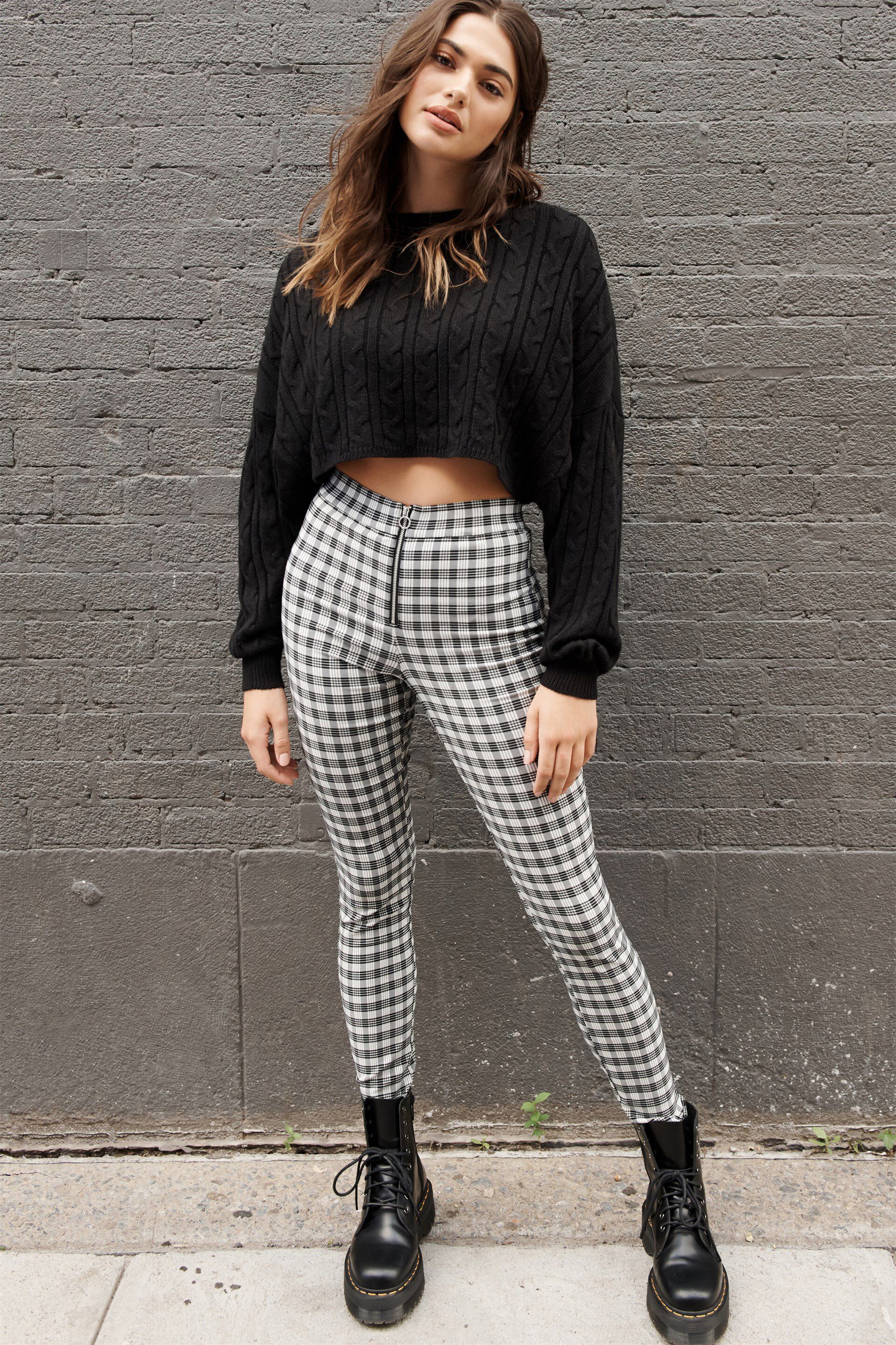 black and white plaid pants outfit