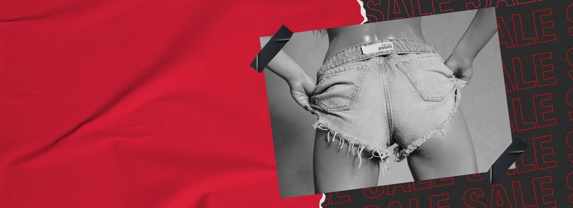 Summer sale banner with a black and white photo of a close up of a model's behind in denim shorts.