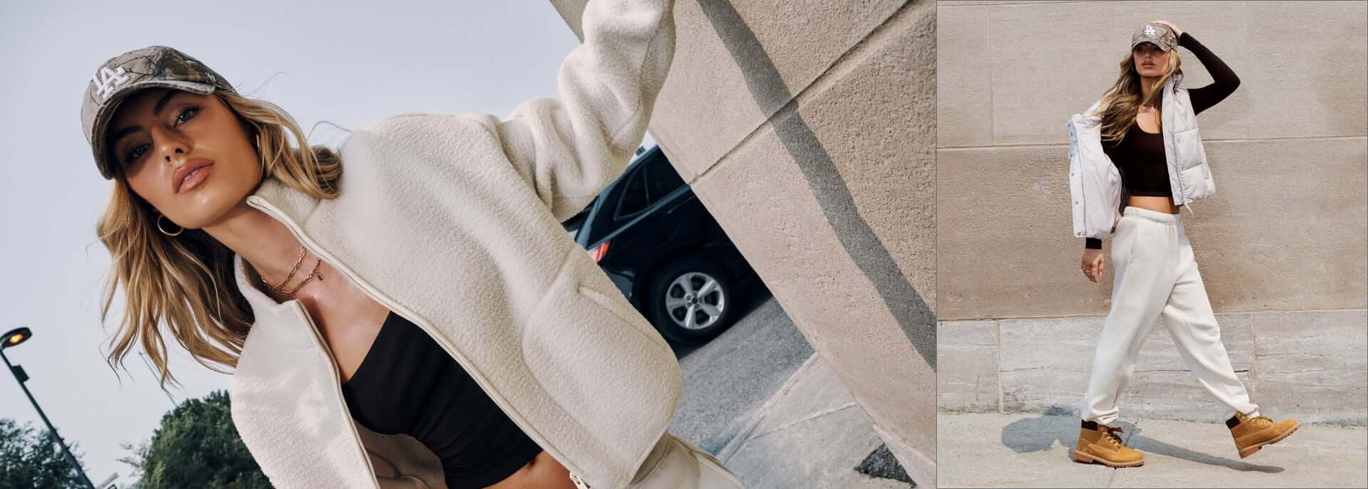 Model poses in a cream fleece zip-up sweater, with a cap, black tank top, and cream sweatpants. 