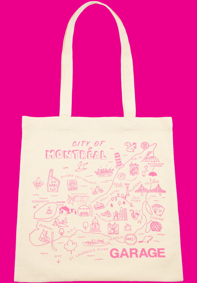 Photo of a canvas tote bag with a pink graphic map of Montreal and the GARAGE clothing logo. 