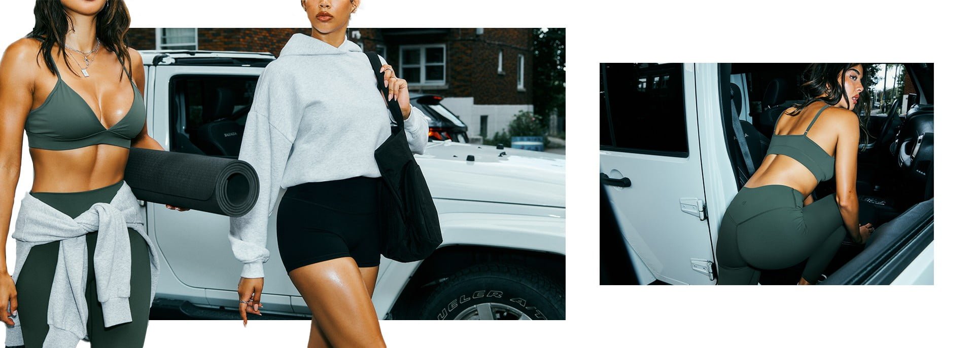 Two models pose by a car. One is wearing a dark grey bra top and matching high-waisted tights with a grey sweater tied around her waist.