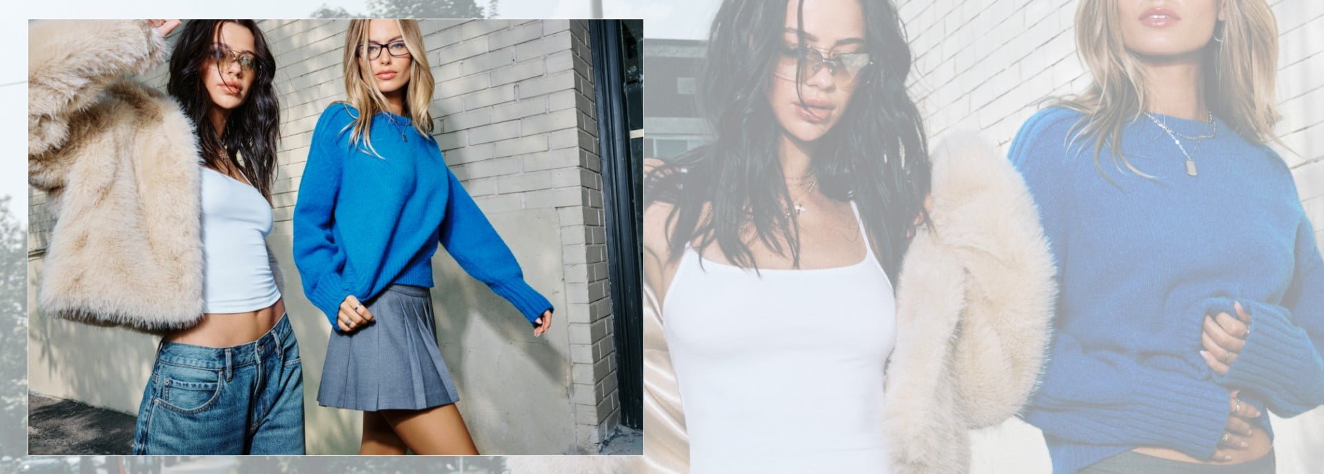 One model is wearing a faux fur jacket, white tank top, and jeans. The other is wearing a blue sweater and grey pleated mini skirt.