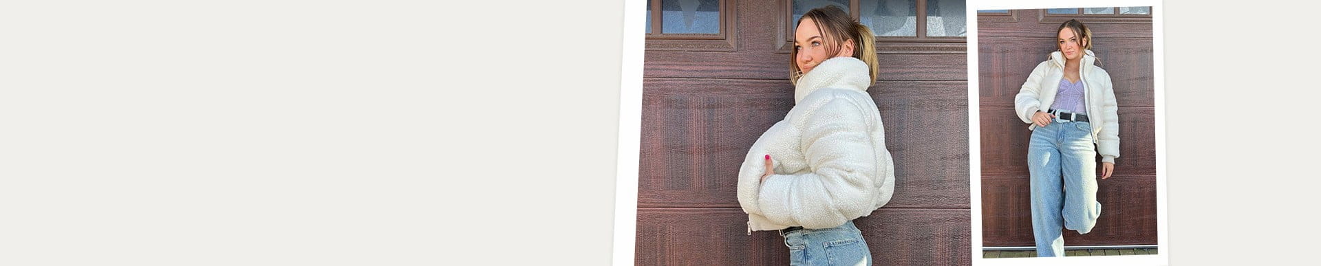 Alyssa McKay wears a white puffer jacket, a lavender corset top, and light wash baggy jeans with white sneakers.