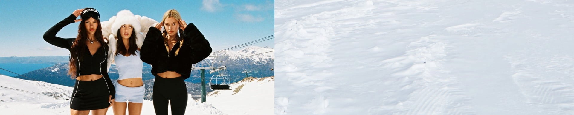 Three models pose on a mountain. One is wearing ski goggles, a black sweater, and matching shorts. The next is wearing a white fur hat, cream puffer jacket, and a matching grey tank top and shorts. The last is wearing a black puffer, black sweater, and black sweats. 