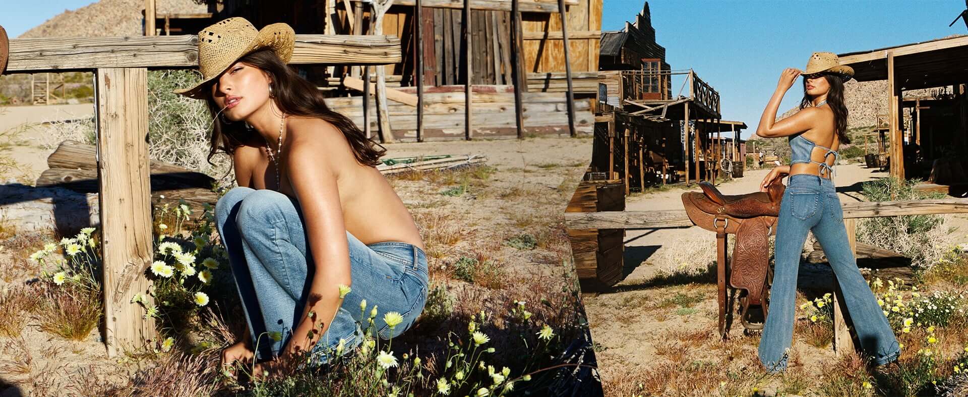 Model kneels down topless, wearing a cowboy hat and jeans.