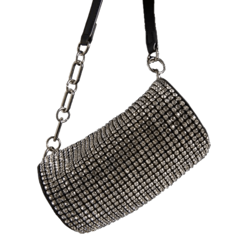 Silver gemmed baguette handbag.