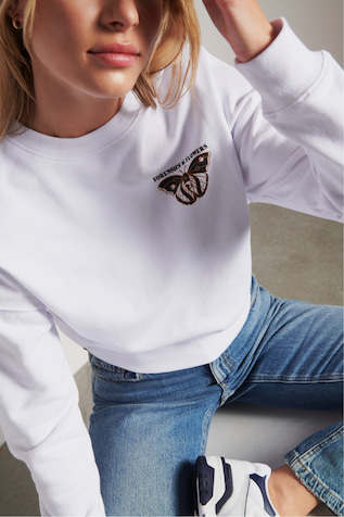 Bright white French terry crew sweatshirt.